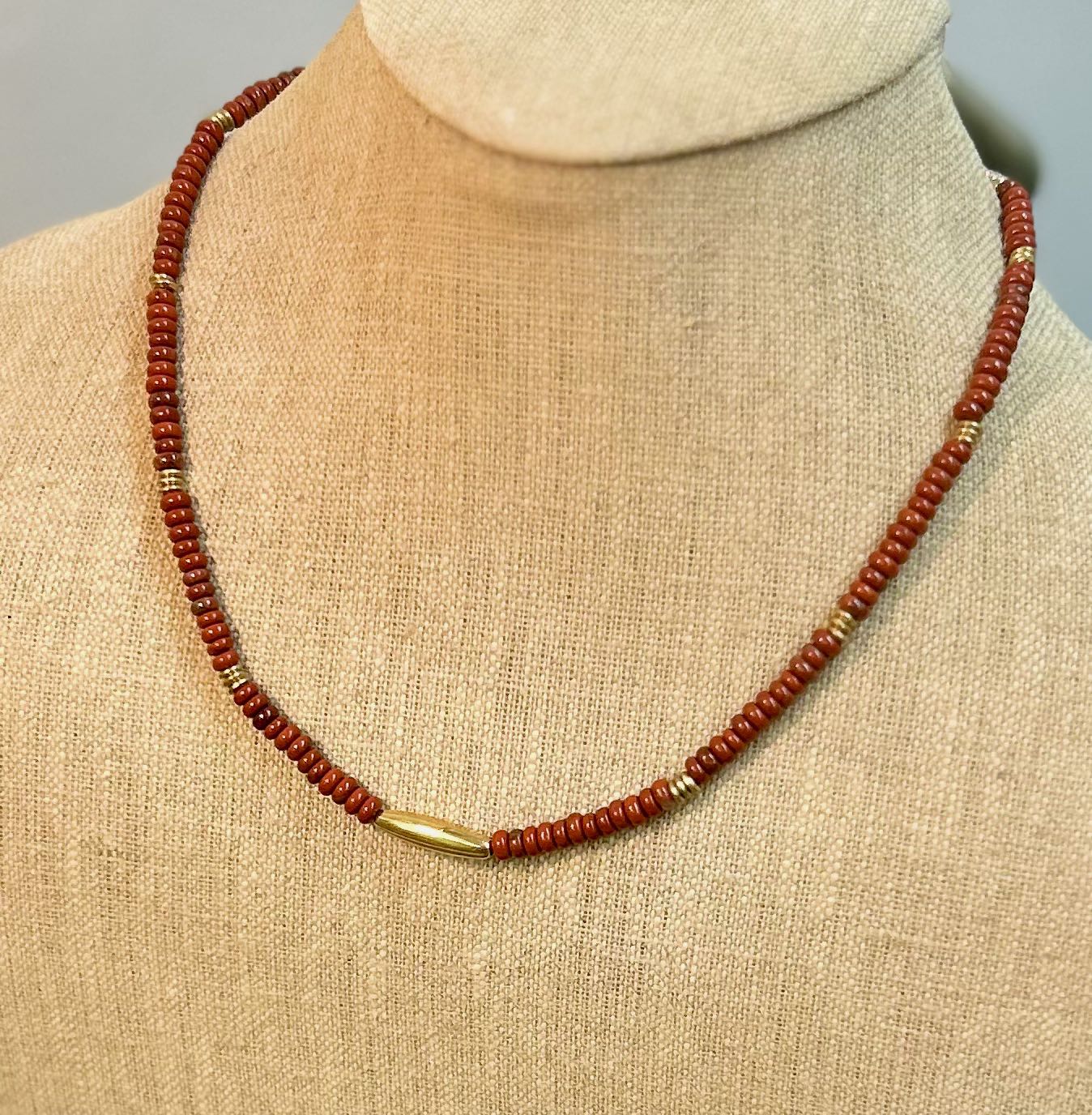 Red Jasper Gemstone Gold-Plated Bar Pendant Stretchy Boho Necklace
