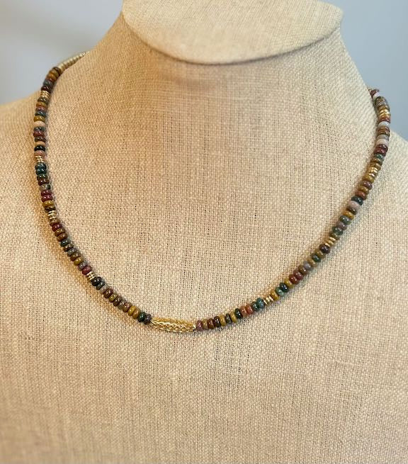 Ocean Jasper Gemstone Stretchy Necklace – Boho Jewelry with Gold Lattice Bar Pendant