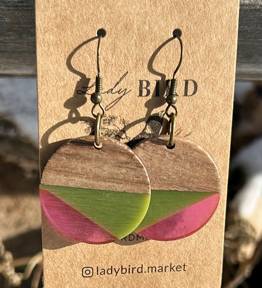 Walnut Wood Army Green & Purple Striped Resin Circle Earrings