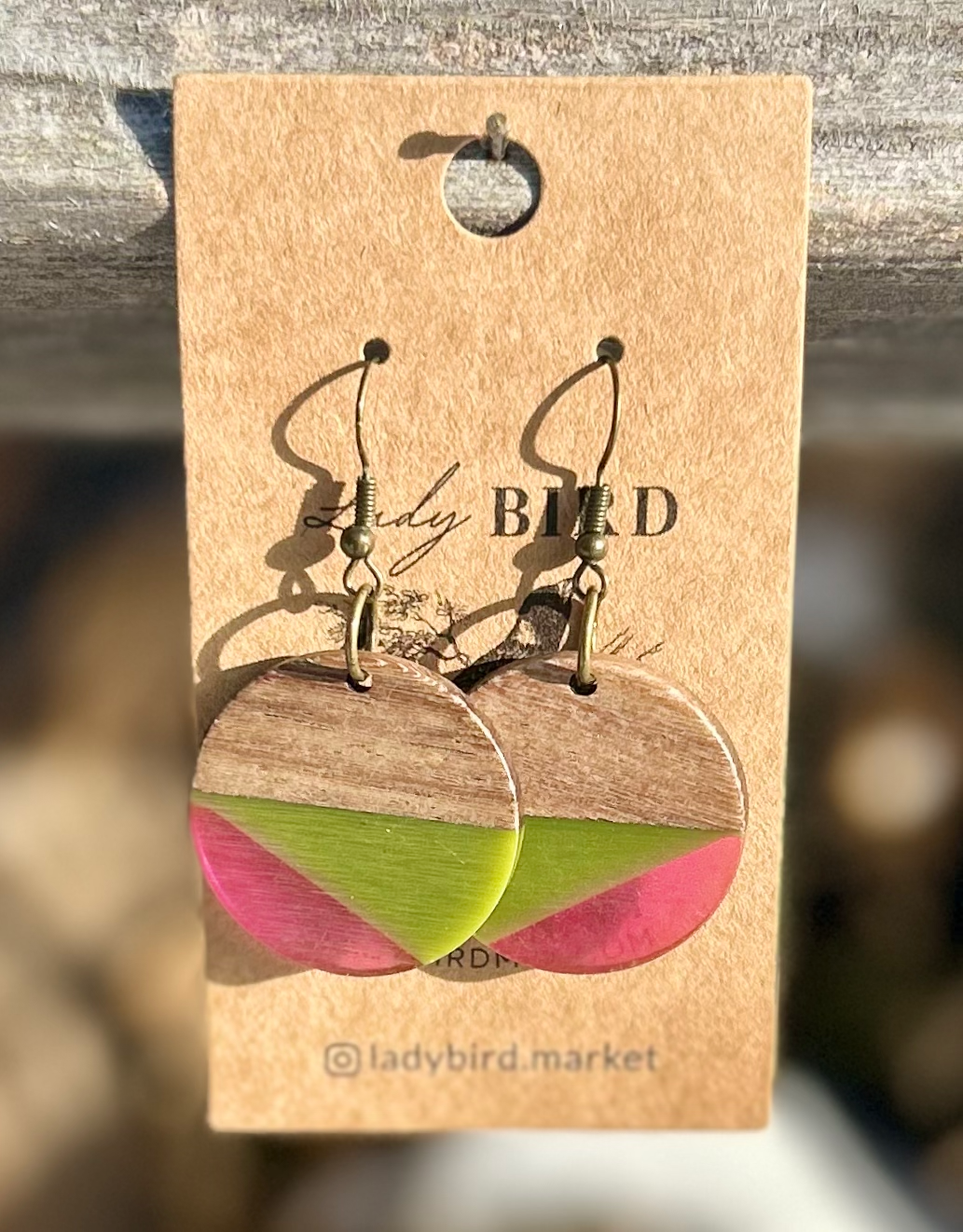 Walnut Wood Army Green & Purple Striped Resin Circle Earrings