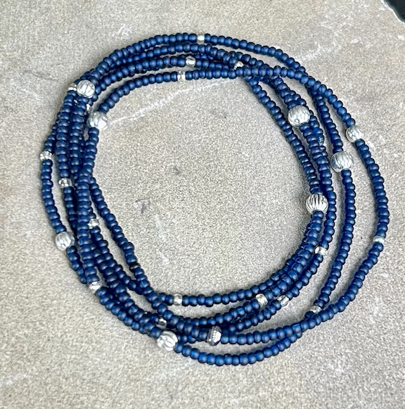 Navy Blue & Silver or Gold-Sprinkled Beaded 5-Wrap Boho Bracelet