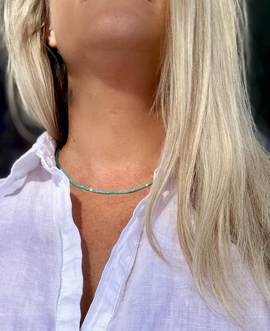 Simply Delicate Turquoise Seed Bead Stretchy Necklace with Corrugated Silver Beads