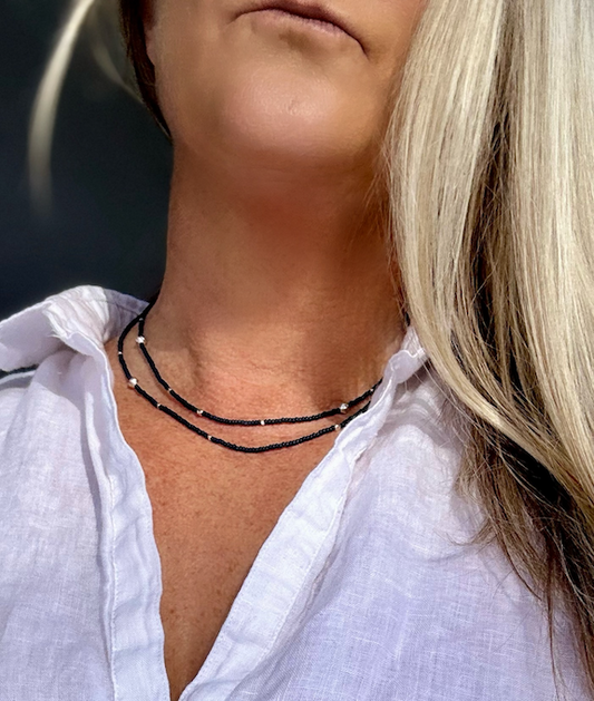 Navy Blue & Chunky Silver or Gold-Sprinkled Sead Bead Boho Bracelet/Necklace