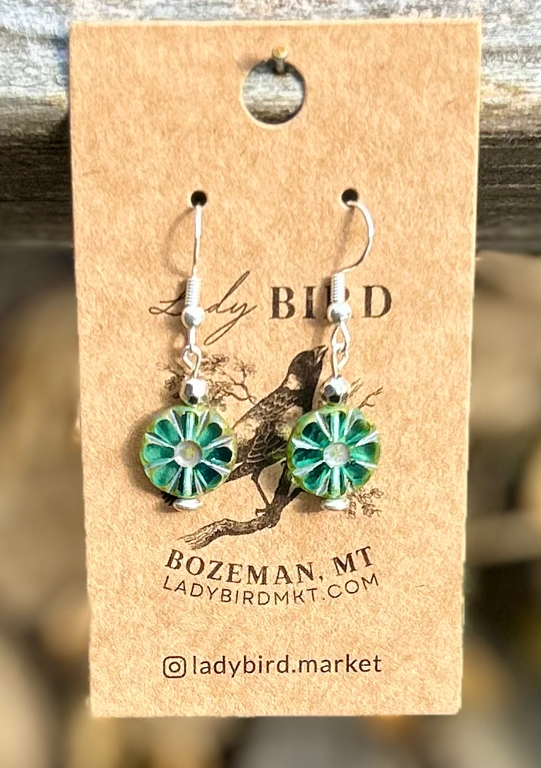 Czech Glass Silver Aquamarine Flower Window Coin Earrings