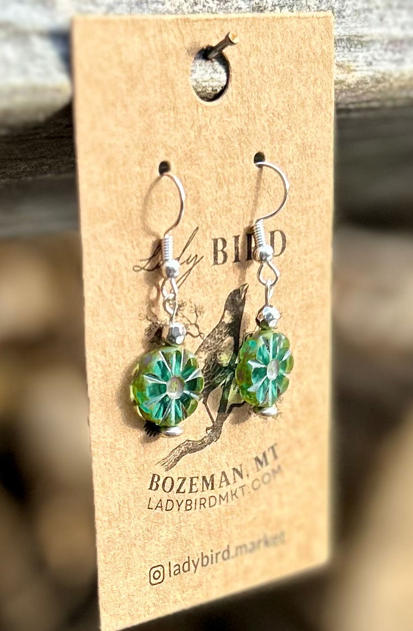 Czech Glass Silver Aquamarine Flower Window Coin Earrings