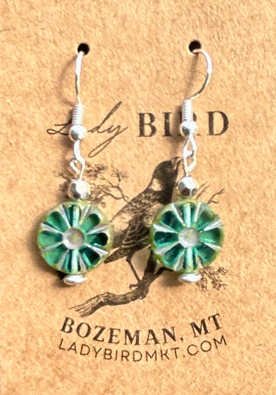 Czech Glass Bronzed Aquamarine Flower Window Coin Earrings