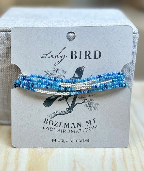 Mixed Blue Gold or Silver Striped Beaded Wrap Bracelet/Necklace