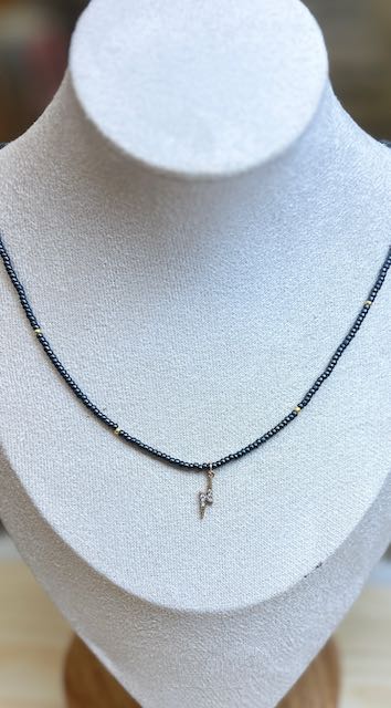 Steel Gray Boho Beaded Necklace with Gold Lightning Bolt Charm