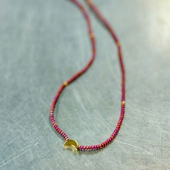 Raspberry Moon Boho Beaded Necklace with Gold Moon Charm