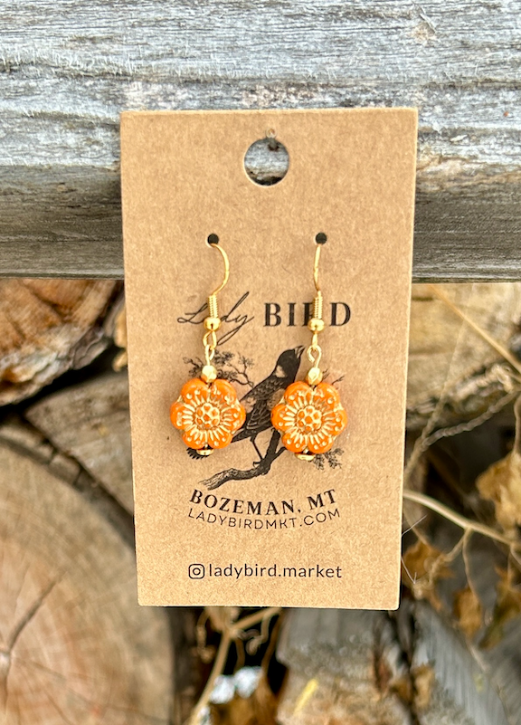 Bright Orange & Gold Wild Rose Etched Glass Flower Earrings