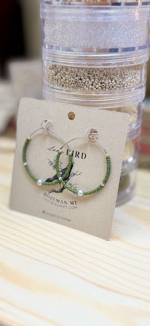 Green & Ochre Yellow Striped Boho Seed Bead Hoop Earrings in Silver