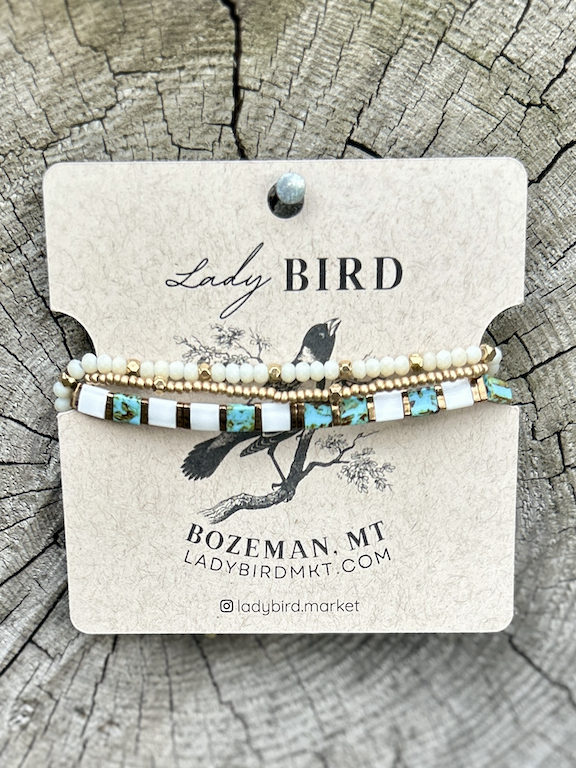 Speckled Turquoise & White Stretchy Beaded Wrap Bracelet Set