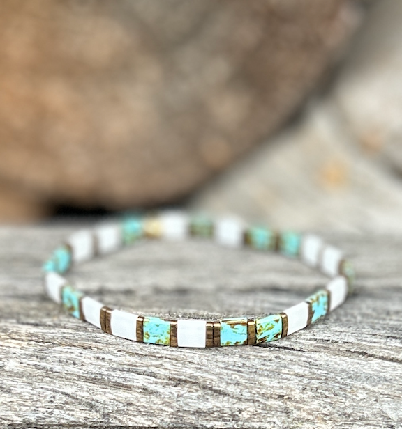 Speckled Turquoise & White Stretchy Beaded Wrap Bracelet Set
