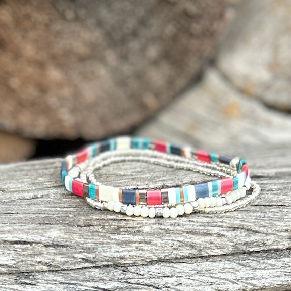 Stars, Stripe & Teal Blue Stretchy Tila Bead Wrap Bracelet