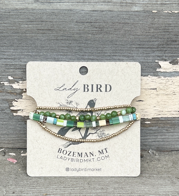 Grassy Meadow with White Stretchy Tile Beaded Bracelet Stack