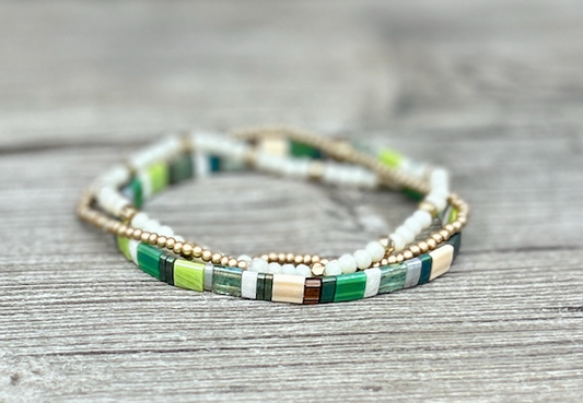 Grassy Meadow with White Stretchy Tile Beaded Bracelet Stack
