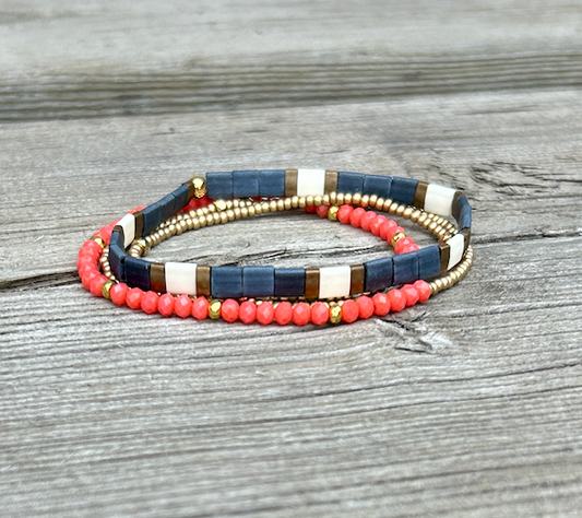 Classic Navy & Coral Tile Beaded Bracelet Stack