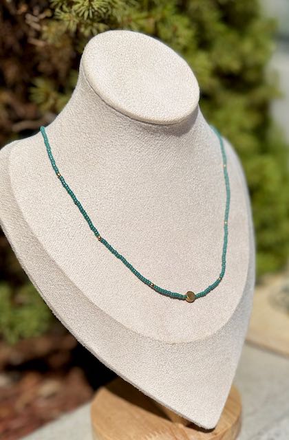 Eucalyptus Green Stretch Seed Bead Boho Necklace with Gold Full Moon Charm – Handmade Minimalist Jewelry
