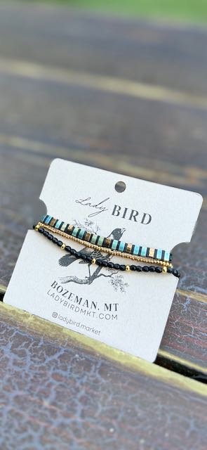 Shiny Black Stripes with Black Tila Bead Bracelet Set | Handmade Stretchy Boho Wrap in Gold or Silver