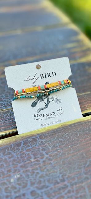Sunflower Yellow & Teal Harvest Tila Bead Stacked Bracelet Set | Handmade Boho Stretch Wrap in Silver or Gold
