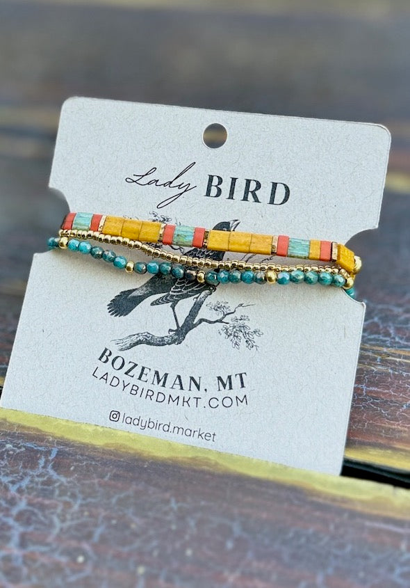 Sunflower Yellow & Teal Harvest Tila Bead Stacked Bracelet Set | Handmade Boho Stretch Wrap in Silver or Gold