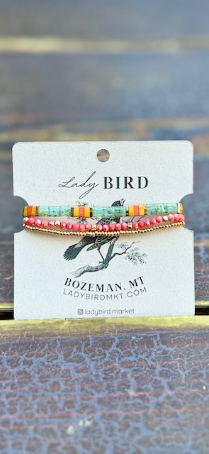 Mossy Green Forest & Orange Tila Bead Bracelet Set | Handmade Stretchy Boho Wrap in Gold or Silver