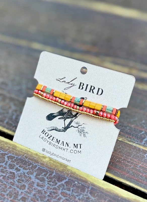 Sunflower Yellow & Orange Harvest Tila Bead Stacked Bracelet Set | Handmade Boho Stretch Wrap in Silver or Gold