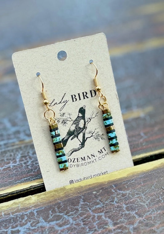 Speckled Turquoise & Black Striped Tila Bead Dangle Earrings | Handmade Boho Style