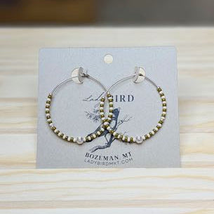 Creamy White & Hunter Green Striped Boho Seed Bead Hoop Earrings in Silver or Gold