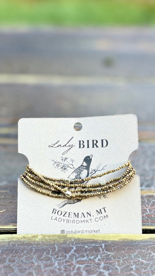 Speckled Beige With Silver or Gold Stretchy Boho-Style Beaded Wrap Bracelet/Necklace