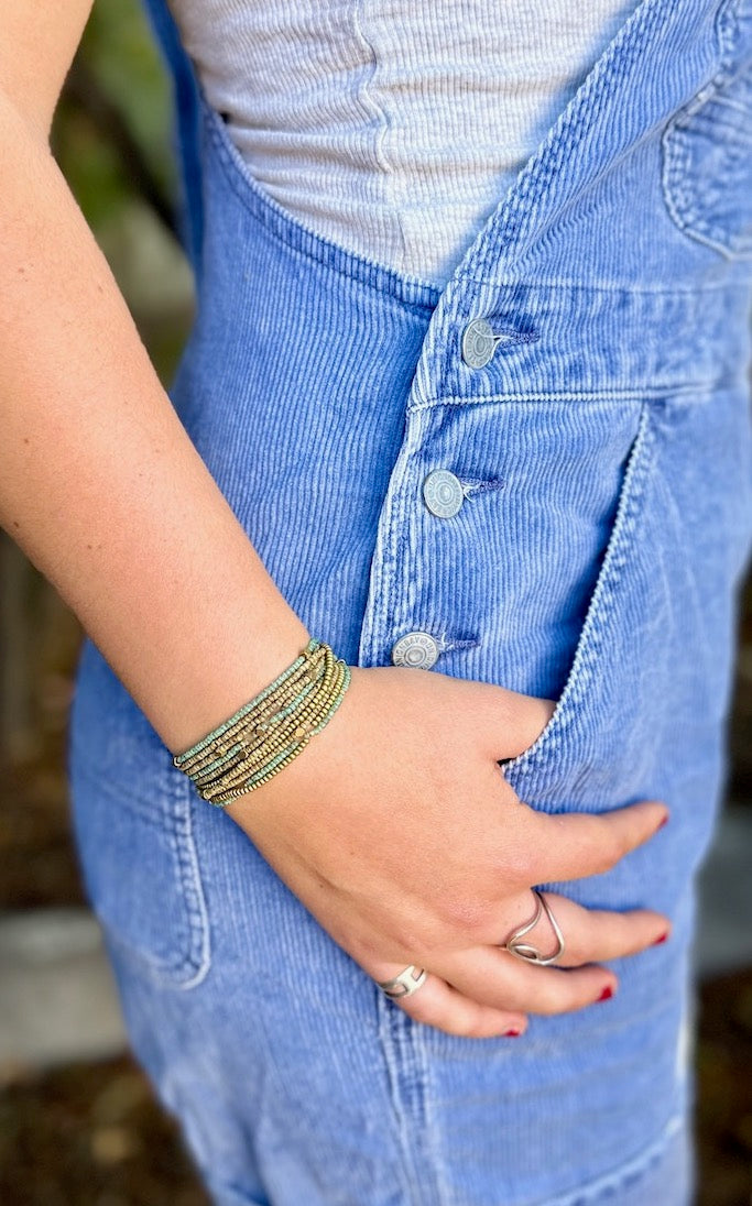 Double Up! Speckled Green & Beige With Silver or Gold Stretchy Boho-Style Beaded Wrap Bracelet Stack