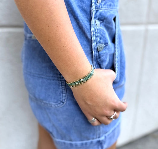 Speckled Green & Beige With Silver or Gold Stretchy Boho-Style Beaded Wrap Bracelet/Necklace