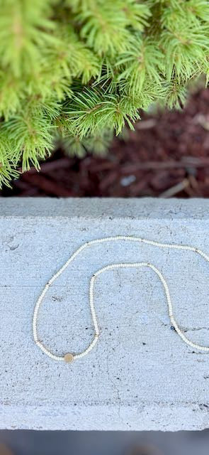 Creamy White Stretchy Boho Beaded Necklace with Gold Full Moon Charm