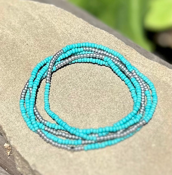 Turquoise Silver-Striped Beaded 5-Wrap Bracelet