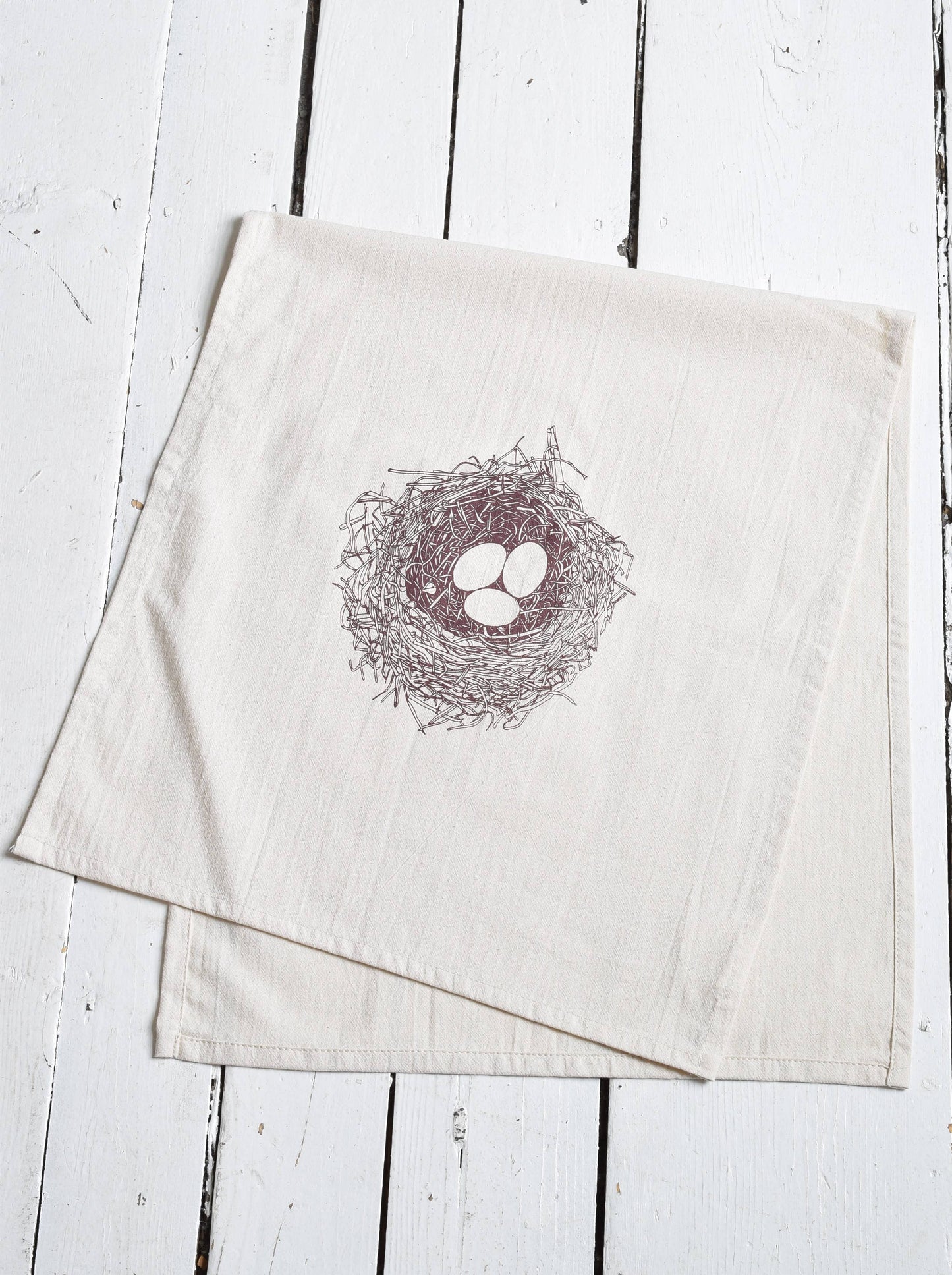 Brown Organic Cotton Bird's Nest Printed Tea Towel