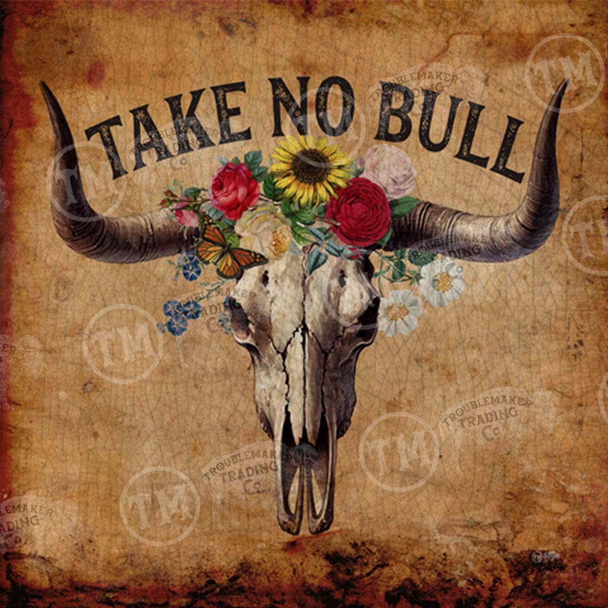 Take No Bull Longhorn Skull - Square Framed Western Themed Artwork