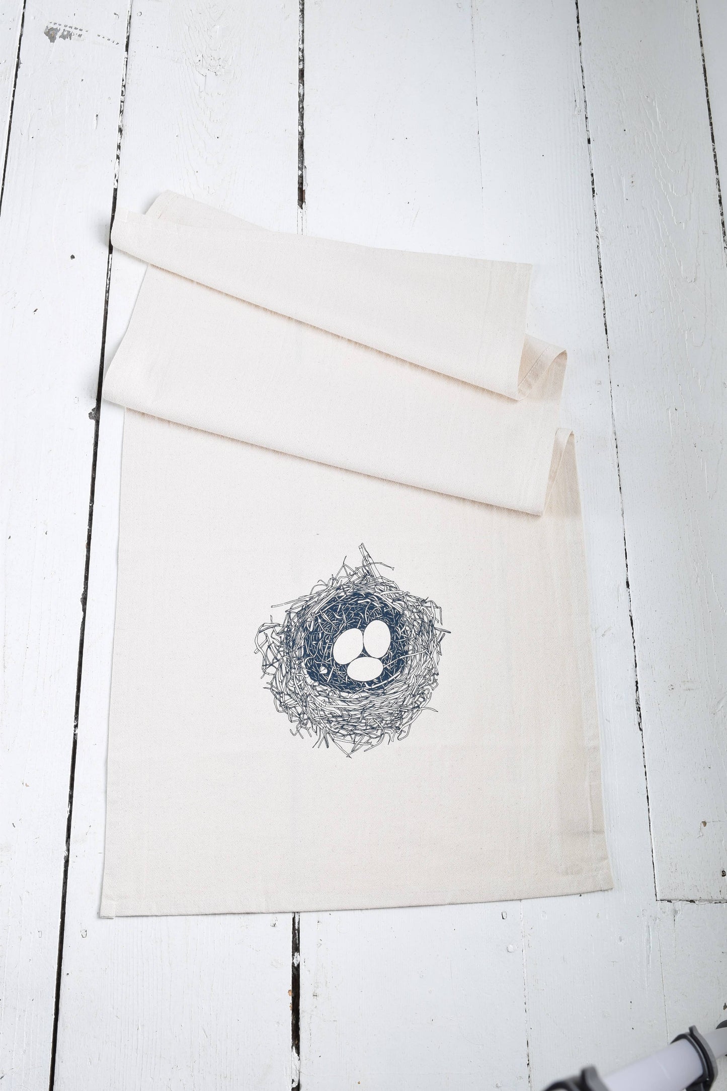 Navy Blue Organic Cotton Bird's Nest Printed Tea Towel