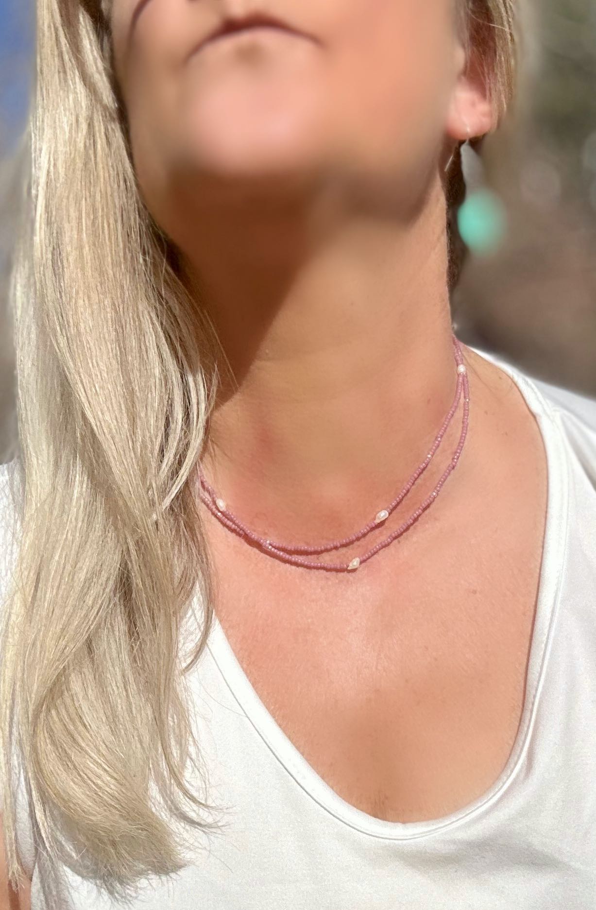 Stretchy Pale Pink Seed Bead & Freshwater Pearl Sprinkled Necklace