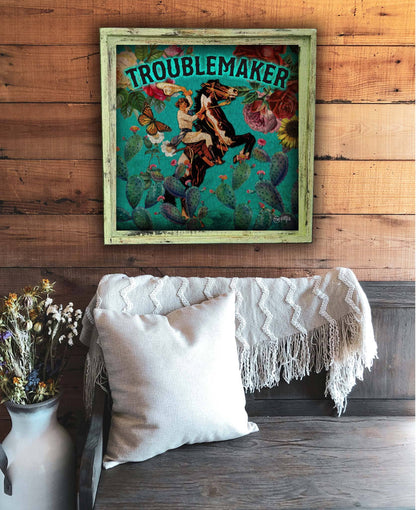 Troublemaker Cowgirl Turquoise - Square Framed Artwork: Medium - 20"