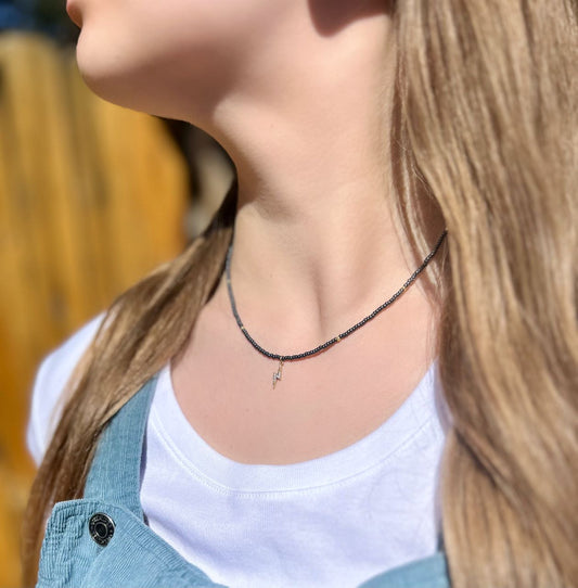 Steel Gray Boho Beaded Necklace with Gold Lightning Bolt Charm