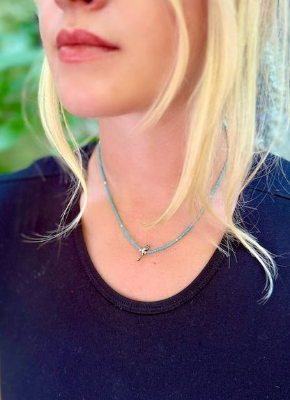 Baby Blue Boho Beaded Necklace with Sterling Silver Bird Charm