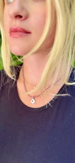 Pale Pink Boho Beaded Necklace with Hammered Silver Circle Charm