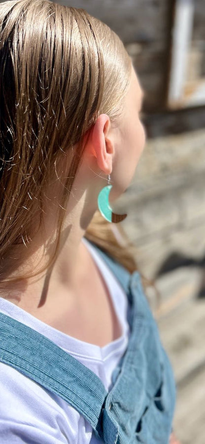Crescent Moon Walnut Wood & Turquoise Resin Pendant Earrings