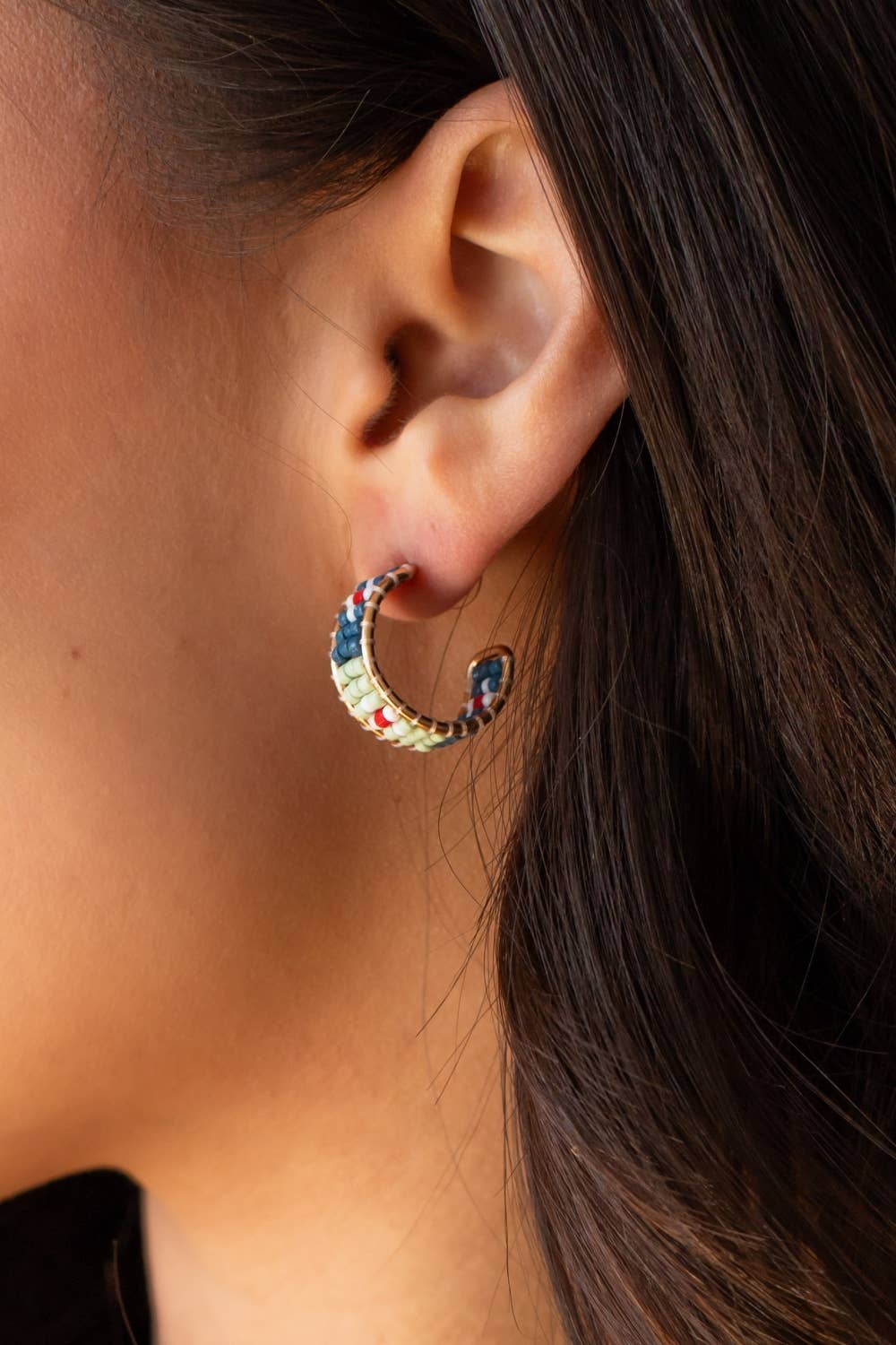 Blue, Mint & Red Beaded Hoops