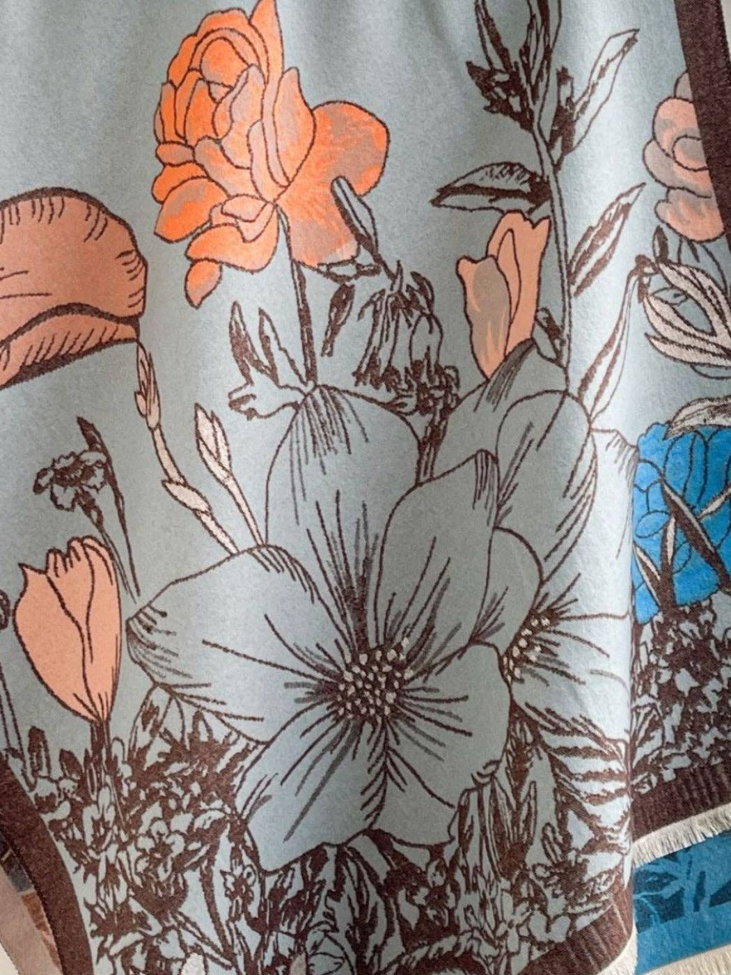 Reversible Floral Print Scarf & Shawl – Blue & Orange