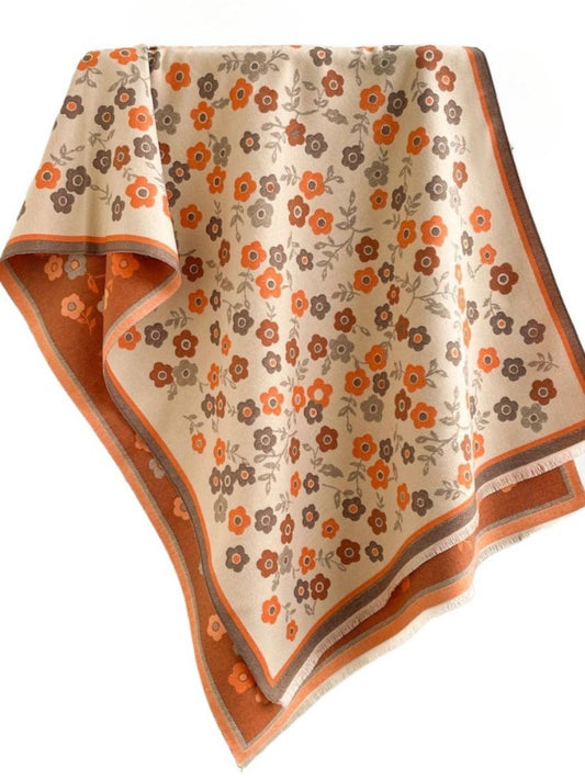 Retro Orange & Creamy White Reversible Scarvii Floral Shawl & Scarf