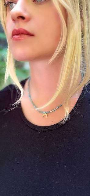 Sparkly Blue Moon Boho Beaded Necklace with Gold Moon Charm
