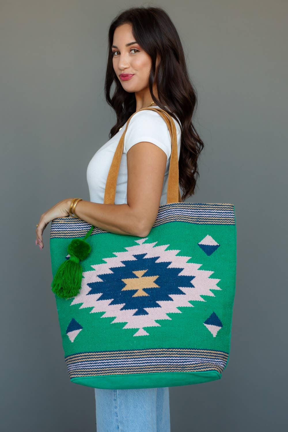 Green, Lt. Pink & Blue Western Tote