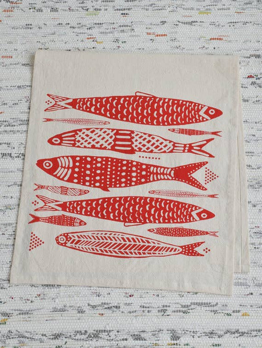 Organic Cotton Sardine Fish Print Tea Towel in Red