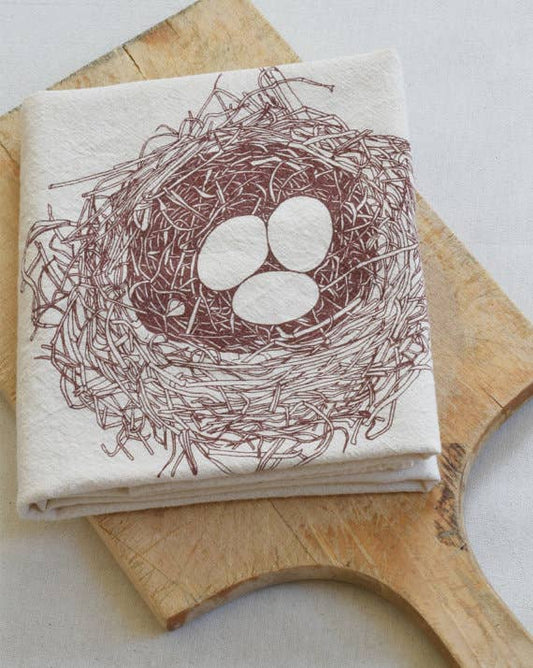 Brown Organic Cotton Bird's Nest Printed Tea Towel